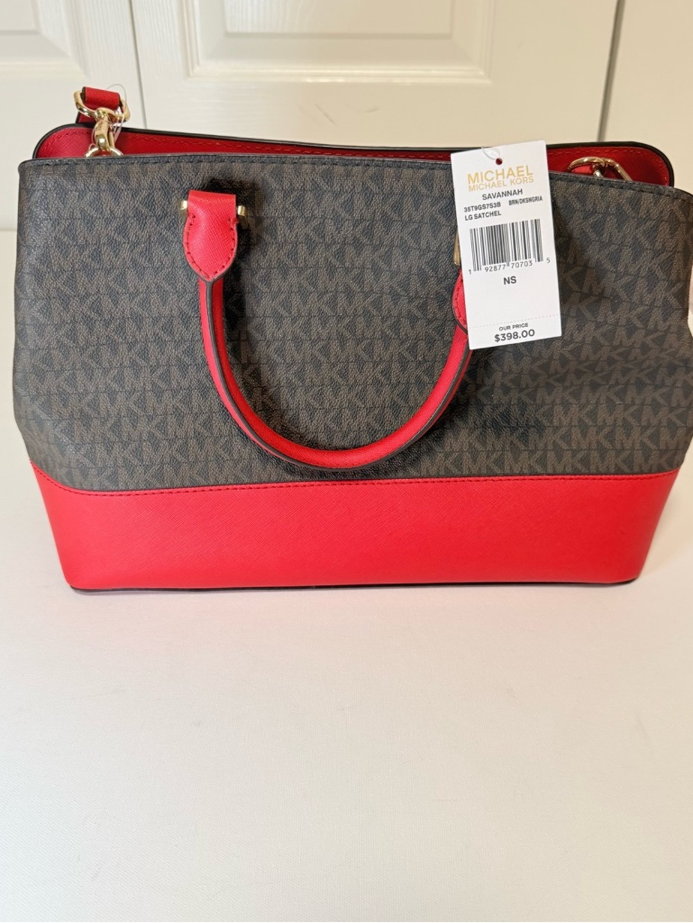 NWT Michael Kors Savannah Large Satchel Brown/Sangria Signature MK